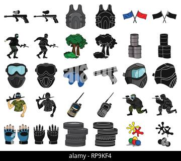 Kunst, Bälle, Fässer, Barricade, blau, Cartoon, schwarz, Sammlung, Wettbewerb, Design, Ausstattung, Feld, fingerlose, Fahnen, Spiel, Handschuhe, Granaten, Gewehr, Hand, Handheld, Hobby, Icon, Illustration, isoliert, Logo, Maske, Militär, Outfit, Paintball, Player, Abspielen, Rot, Satz, Zeichen, Sport, Symbol, Team, Reifen, Transceiver, Uniform, Vector, Weste, web Vektor Vektoren, Stock Vektor