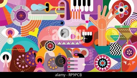 Art Design mit Trompete, Klavier, Cocktails und veraltete Telefone Vector Illustration. Abstrakten musikalischen Hintergrund. Stock Vektor