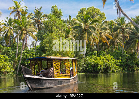 Ein typischer Tag Boot schwimmend auf dem Keralan backwaters an einem sonnigen Tag mit blauem Himmel und Palmen Kreuzfahrt. Stockfoto