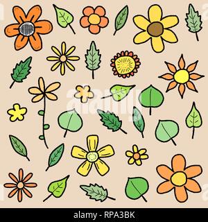 Doodle Abbildung Sammlung mit verschiedenen Blumen und Blätter. Florale scribble eingestellt. Stock Vektor