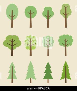 Baum Icon Set - nettes Bäume Cartoon Illustration. Nature Collection. Stock Vektor