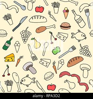 Nahtlose Muster mit Essen und Trinken Icons und Symbole. Küche Hintergrund doodle. Stock Vektor