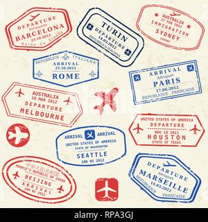 Bunte fiktive Visa Stempel gesetzt. International Business Travel Concept. Frequent Flyer Visa. Stock Vektor