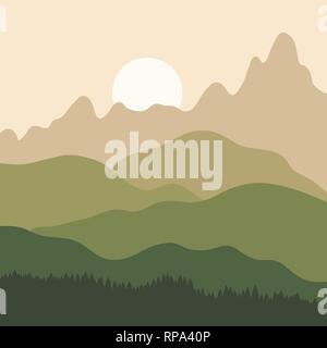 Berglandschaft Sonnenuntergang - vector Hintergrund Abbildung. Hügel und Berge Schichten. Stock Vektor
