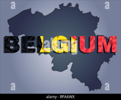 Die Konturen des belgischen Hoheitsgebiets in grauen Farben und Wort Belgien in den Farben der oficial Flagge, Schwarz, Gelb und Rot Stockfoto