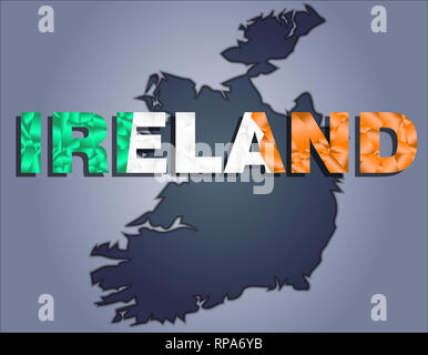 Die Konturen des irischen Hoheitsgebiets in grauen Farben und Wort Irland in Farben der oficial Flagge, grün, weiss und orange Stockfoto
