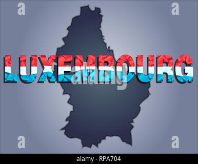 Die Konturen der Luxemburger Gebiet in grauen Farben und Wort Luxemburg in den Farben der oficial Flagge, Rot, Weiß und Blau Stockfoto