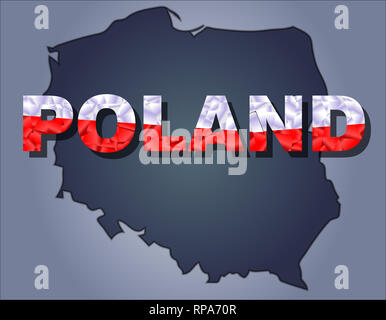 Die Konturen der Polen in grauen Farben und Wort Polen in den Farben der oficial Flagge, Rot und Weiß Stockfoto