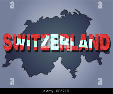 Die Konturen des Territoriums der Schweiz in grauen Farben und Wort Schweiz in Farben der oficial Flagge, Rot und Weiß Stockfoto