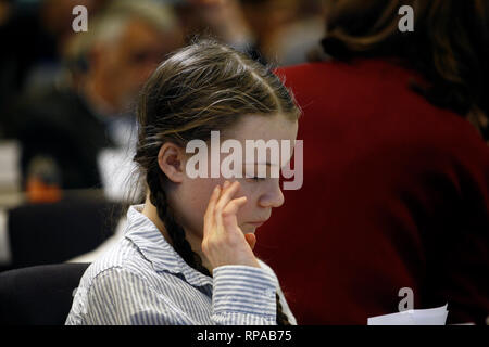 Brüssel, Belgien. 21. Februar 2019. Sechzehn Jahre alte schwedische Klima Aktivistin Greta Thunberg besucht in der Europäischen Wirtschafts- und Sozialausschusses. Alexandros Michailidis/Alamy leben Nachrichten Stockfoto