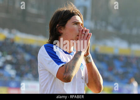 Kiew, Ukraine. 20. Februar, 2019. Artem Shulianskyi des FC Dynamo Kyiv U19 reagiert während der UEFA Youth League Spiel gegen Juventus U19 am Valeriy Lobanovskiy Stadion in Kiew, Ukraine. Credit: Oleksandr Prykhodko/Alamy leben Nachrichten Stockfoto