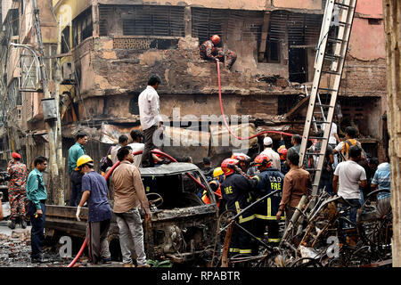 Dhaka, Bangladesch. 21 Feb, 2019. Retter arbeiten bei einem Brand Website in Dhaka, der Hauptstadt von Bangladesch, Jan. 21, 2019. Mindestens 81 Menschen sind am Donnerstag getötet worden nach einem verheerenden Brand durch eine Reihe von Gebäuden im alten Teil der Hauptstadt Dhaka, Bangladesch riss. Herr Kommissar von Dhaka Division, KM Ali, Azam, Xinhua erklärt, dass sie die Todesfälle bestätigt haben. Credit: Stringer/Xinhua/Alamy leben Nachrichten Stockfoto