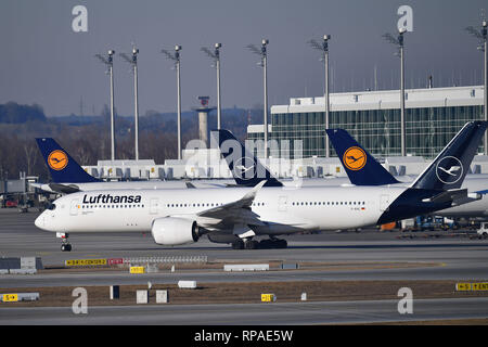 München, Deutschland. 18 Feb, 2019. D-AIXL Lufthansa Airbus A 350-941 Brötchen zum take-off - Im Hintergrund gibt es noch weitere Flugzeuge der Lufthansa im Terminal 3. Lufhansa Passagierflugzeug. Der Flugverkehr, fliegen.Luftfahrt. Franz Josef Strauss Flughafen München. Muenchen. | Verwendung der weltweiten Kredit: dpa/Alamy leben Nachrichten Stockfoto