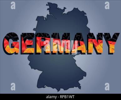 Die Konturen des Hoheitsgebiets Deutschlands in grauen Farben und Wort Deutschland in den Farben der oficial Flagge, Schwarz, Rot und Gelb Stock Vektor