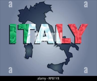 Die Konturen des Territoriums von Italien in grauen Farben und Wort Italien in den Farben der oficial Flagge, Rot, Weiß und Grün. Stock Vektor