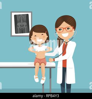 Kinderarzt Frau Doktor Prüfung ein kleines Mädchen. Vector Illustration Stock Vektor