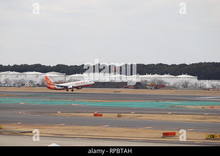 Jeju airlines Landung in Tokio Narita International Airport. Genommen 15/02/19. Stockfoto