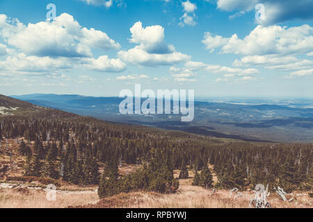 Malerische Anblick der riesigen Berge und Wald am Sommer, Fichte, Riesengebirge Stockfoto