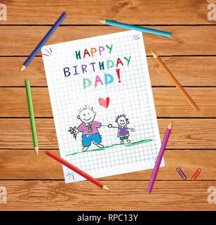 Herzlichen Glückwunsch zum Geburtstag, Papa. Kinder bunte Hand gezeichnet Vector Illustration von Vater und Sohn zusammen halten, Blumen auf Squared Notebook Blatt. Holz Tisch, Co Stock Vektor