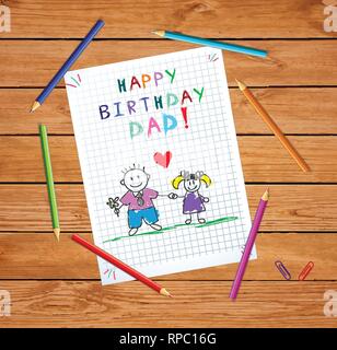 Herzlichen Glückwunsch zum Geburtstag, Papa. Kinder bunte Hand gezeichnet Vector Illustration von Vater und Tochter zusammen halten, Blumen auf Squared Notebook Blatt. Holz Tabl Stock Vektor