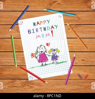 Herzlichen Glückwunsch zum Geburtstag, Mama. Kinder bunte Hand gezeichnet Vector Illustration von Mutter und Tochter gemeinsam auf Squared Notebook Blatt auf Holz Tisch mit Colo Stock Vektor