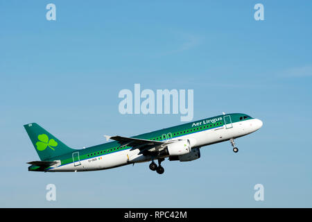 Aer Lingus Airbus A 320-314, die am Flughafen Birmingham, UK (EI-DER) Stockfoto