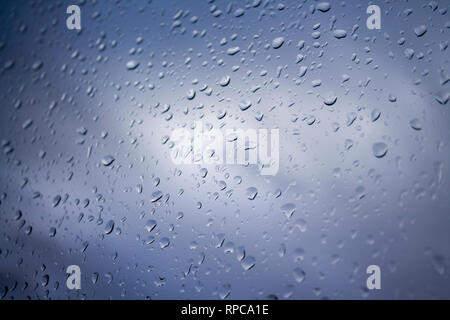 Tropfen Regen auf Glas, Regen fällt auf klares Fenster. Kondenswasser auf transparentem Glas über grauen oder blauen Himmel Stockfoto