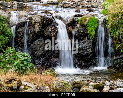 Eine japanische Fluss Kaskaden mehr als ein Abflußkanal in einem Tal in der Nähe der Stadt Isehara in der Präfektur Kanagawa, Japan Stockfoto