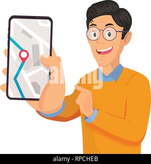 Mann, Telefon und Bildschirm mit Karte Navigation Stock Vektor