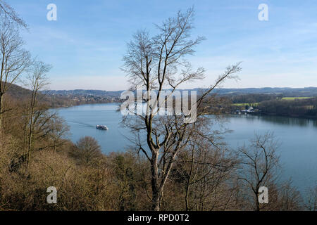 Essen, Nordrhein-Westfalen, Deutschland - Ausflug Bootsfahrt auf dem Baldeneysee in Essen im Winter, Essen, Nordrhein-Westfalen, Deutschland - ausflugsschif Stockfoto