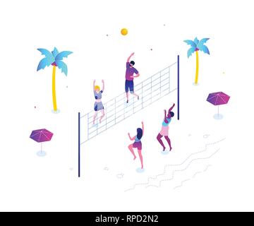 Beachvolleyball - moderne und farbenfrohe isometrische Vector Illustration Stock Vektor