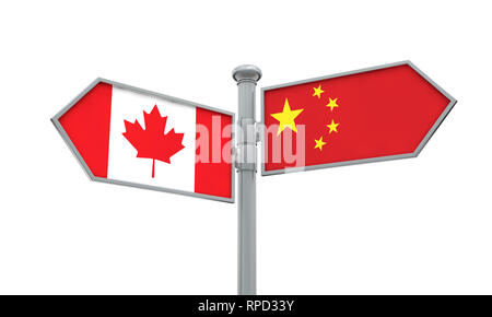 China und Kanada Flagge zeichen Verschieben in andere Richtung. 3D-Rendering Stockfoto