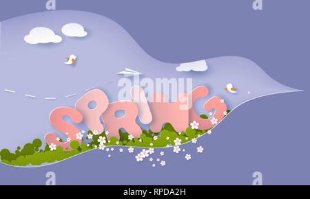 Happy Spring Abbildung. Papier Ausschnitt blauen Himmel für Frühling Landschaft. Horizontales format Design. Vector Illustration. Stock Vektor