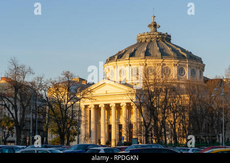 Rumänische Athenäum (Ateneul Roman) in Bukarest, Rumänien, wie über von der Straße aus gesehen, bei Sonnenuntergang, mit warmen Licht in den vorderen Spalten. Dies ist Stockfoto