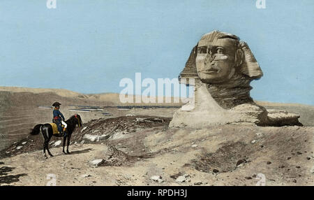 Napoleon I vor der Sphinx furing Französische Kampagne in Ägypten. Gravur von J. L.'s Gerome Malerei extrahiert. Stockfoto