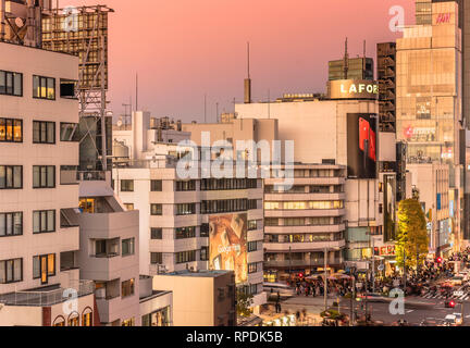 Bird's Sicht der Bezirk der japanischen Jugend Kultur mode Kreuzung Kreuzung von Harajuku Laforet namens Champs-Elysées in Tokio, Japan bei Sonnenuntergang. Stockfoto