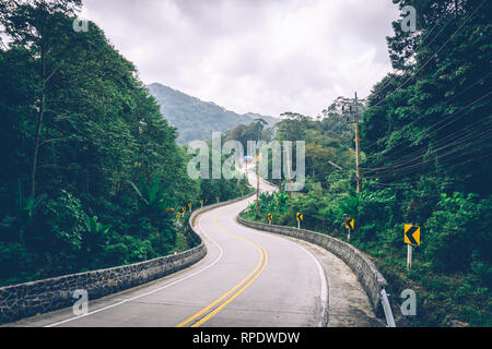 Tropischen Dschungel. Schmutz der Straße im Dschungel. Thailand, Südostasien. Tropischen Regenwald. Bananen Palmen. Ausblicke auf die Landschaft. Stockfoto