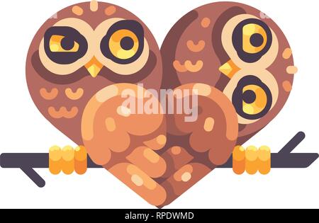 Zwei lustige Eulen auf einen Zweig in der Form eines Herzens. Valentines Tag flachbild Abbildung. Stock Vektor