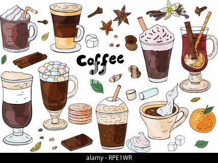 Satz von Hand gezeichnet verschiedene Arten von Kaffee auf dem weißen Hintergrund. Stock Vektor