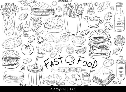 Große Vektor fast food Elemente auf weißem Hintergrund. Schwarze und weiße Elemente Stock Vektor
