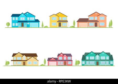 Nachbarschaft mit Wohnungen illustriert auf Weiß. Vektor flachbild Symbol suburban amerikanische Häuser. Für web design und Application Interface, auch nützlich für Infografiken. Vector Illustration. Stock Vektor