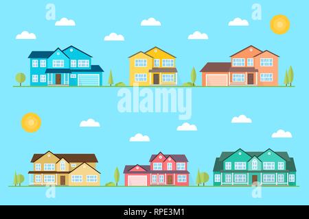 Viertel mit Häusern auf dem blauen Hintergrund dargestellt. Vektor flachbild Symbol suburban amerikanische Häuser Tag für Web Design und Application Interface, auch nützlich für Infografiken. Vector Illustration. Stock Vektor