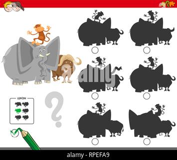 Cartoon Illustration zu finden, die Schatten, ohne Unterschiede Bildungsaktivitäten für Kinder mit lustigen Tier Zeichen Stock Vektor