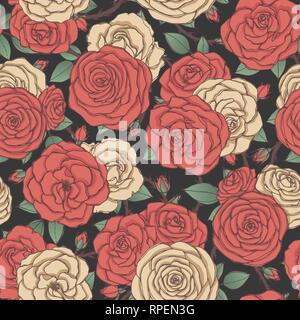 Vektor nahtlose Muster mit roten und gelben Rose Blüten und Blätter auf schwarzem Hintergrund. Florales Ornament von Blüten in Skizze Stil. Für Gewebe, Wickeln Stock Vektor