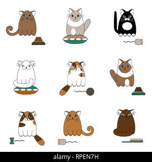 Cartoon niedliche bunte Katzen mit Zubehör nahtlose Muster Stock Vektor