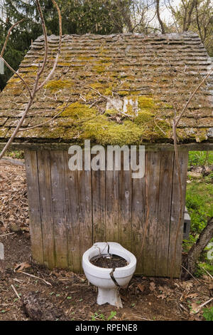 Risse im WC-Becken bepflanzt mit Blumen weiter Plumpsklo im Jardin du Grand Portage Garten im Frühjahr, Saint-Didace, Lanaudiere, Quebec bis rustikal, Kanada Stockfoto