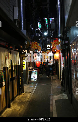 TOYKO, Japan - 05. Dezember 2016: Unbekannter Japaner Japaner zu Fuß zu den Restaurants Gasse in der Shinjuku-gegend in Toyko, Japan Stockfoto