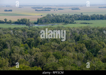 USA, Nebraska, Omaha Tribe Reservation, Omaha Land am Missouri River in Nebraska und Iowa, Blick von Nebraska Seite zu Mais- und Sojabohnenfeldern in Iowa Stockfoto