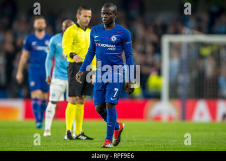 London, Großbritannien. 21 Feb, 2019. Ngolo Kanté von Chelsea während der UEFA Europa League Runde 32 Spiel zwischen Chelsea und Malmö FF an der Stamford Bridge, London, England am 21. Februar 2019. Foto von salvio Calabrese. Nur die redaktionelle Nutzung, eine Lizenz für die gewerbliche Nutzung erforderlich. Keine Verwendung in Wetten, Spiele oder einer einzelnen Verein/Liga/player Publikationen. Credit: UK Sport Pics Ltd/Alamy leben Nachrichten Stockfoto