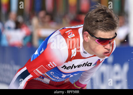 Seefeld, Österreich. 21 Feb, 2019. Johannes Hoesflot Klaebo Norwegen atmet in der Qualifikation der 1,6-kilometer Männer freestyle Sprint Rennen auf dem 2019 Nordische Ski-WM. Quelle: John lazenby/Alamy leben Nachrichten Stockfoto